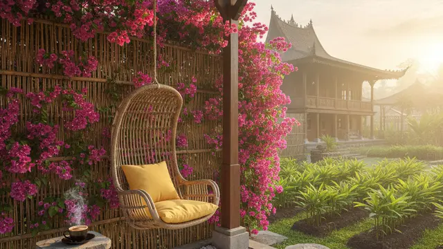 Teras Rumah Nyaman untuk Ngopi dengan View Kebun Hijau. AI