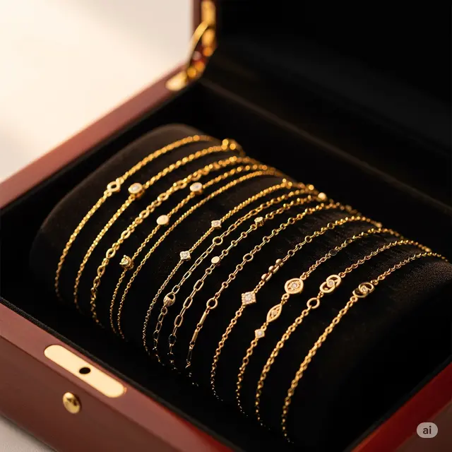 Kotak Perhiasan yang Berisi Koleksi Gelang Terbaru 2025 Rantai Emas untuk Tangan Kurus