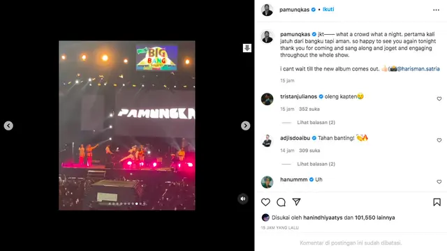 Pamungkas Jatuh dari Kursi Saat Manggung. (instagram.com/pamunqkas)