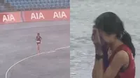 Bou Samnang, pelari Kamboja di ASEAN Games 2023. Ia terus berlari meski hujan. Setelah mencapai garis finish, ia menangis sambil mencium bendera negaranya. Dok: Twitter @Olympics