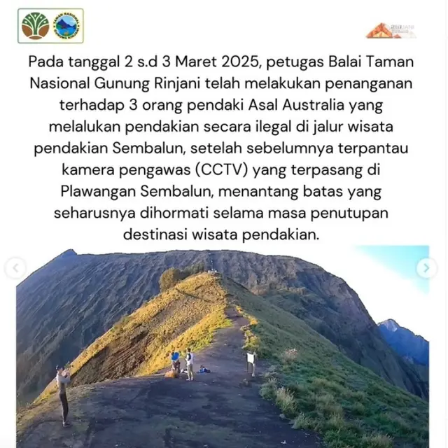 3 WNA Mendaki Gumung Rinjani Secara Ilegal, Kena Denda dan Blacklist 5 Tahun.  foto: (dok.Instagram @btn_gn_rinjani/https://www.instagram.com/p/DGwmH2zzVs0/Henry)