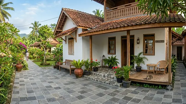 Perpaduan Lantai Teras Batu Alam dengan Rumah Sederhana Desa Gemini AI