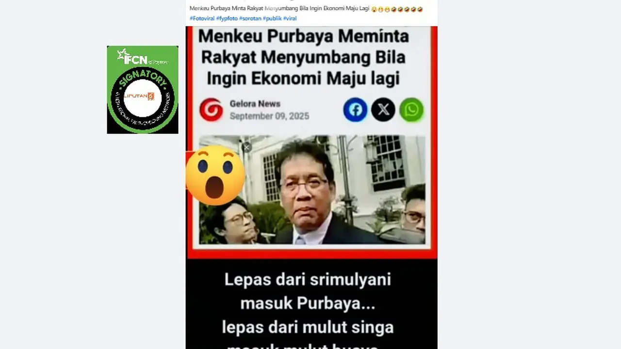 Tangkapan layar postingan klaim Menkeu Purbaya Minta Rakyat Menyumbang Bila Ingin Ekonomi Maju Lagi