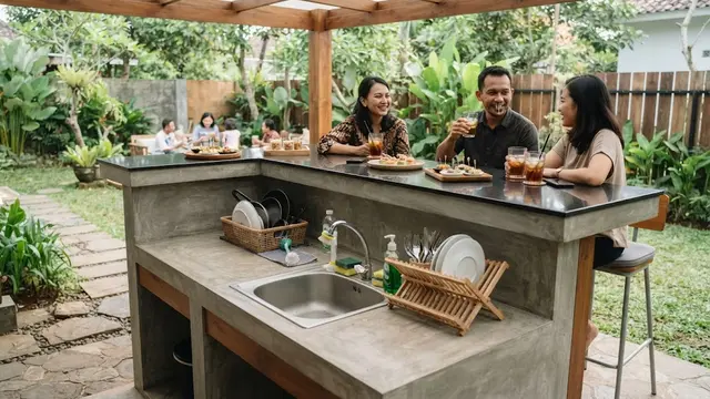 Desain Tempat Cuci Piring Belakang Rumah dengan Meja Cor Dua Tingkat