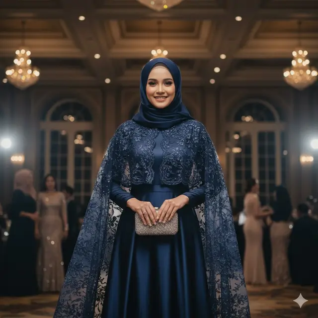 Gamis Satin Warna Navy dengan Cape Lace Transparan
