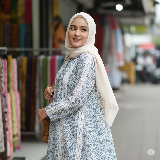 Gamis Katun Motif + Renda Vertikal