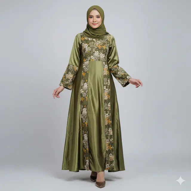 Model Gamis Batik Kombinasi Polos Warna Olive Cocok untuk Lamaran Sederhana. Gemini