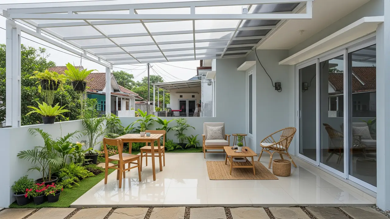 Desain Teras Sederhana Area Hijau untuk Rumah Dengan Kanopi Transparan dan Tanaman