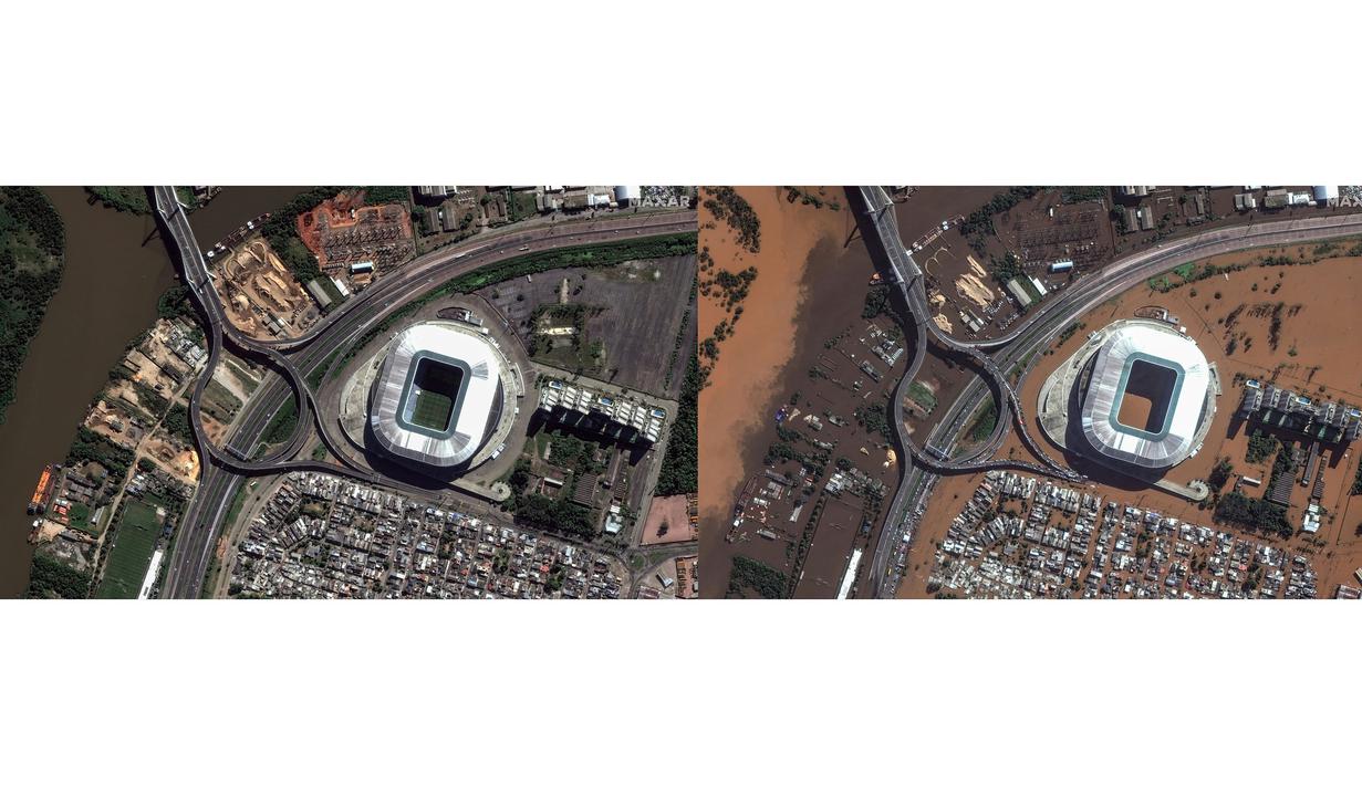 Kolase foto perbandaingan suasana normal dan saat terjadi banjir di stadion klub Brasil Gremio, Arena do Gremio saat dilanda banjir di Porto Alegre, negara bagian Rio Grande do Sul, Brasil, pada 7 Mei 2024. (AFP/Satellite image ©2024 Maxar Technologies)