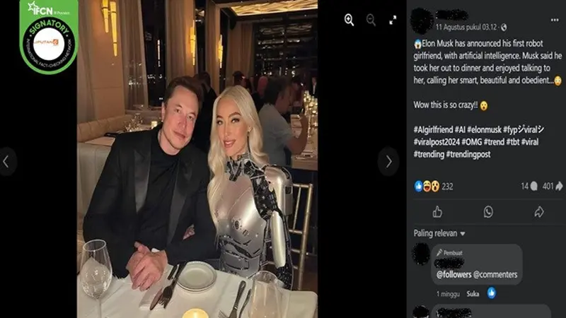 Gambar tangkapan layar foto yang diklaim pendiri Space X, Elon Musk dengan pacar robot pertamanya. (sumber: Facebook)