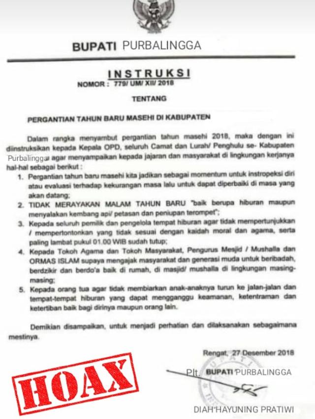 Pemkab Purbalingga memastikan Instruksi Bupati Purbalingga soal larangan perayaan tahun baru adalah palsu. (Foto: Liputan6.com/Dinkominfo PBG/Muhamad Ridlo)