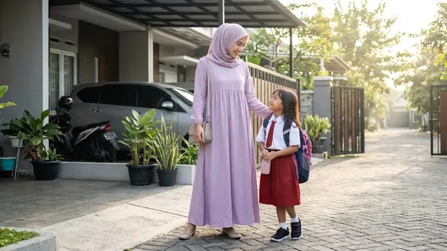 Model Baju Gamis Polos Modern Terbaru untuk Ibu-ibu Antar Jemput Anak