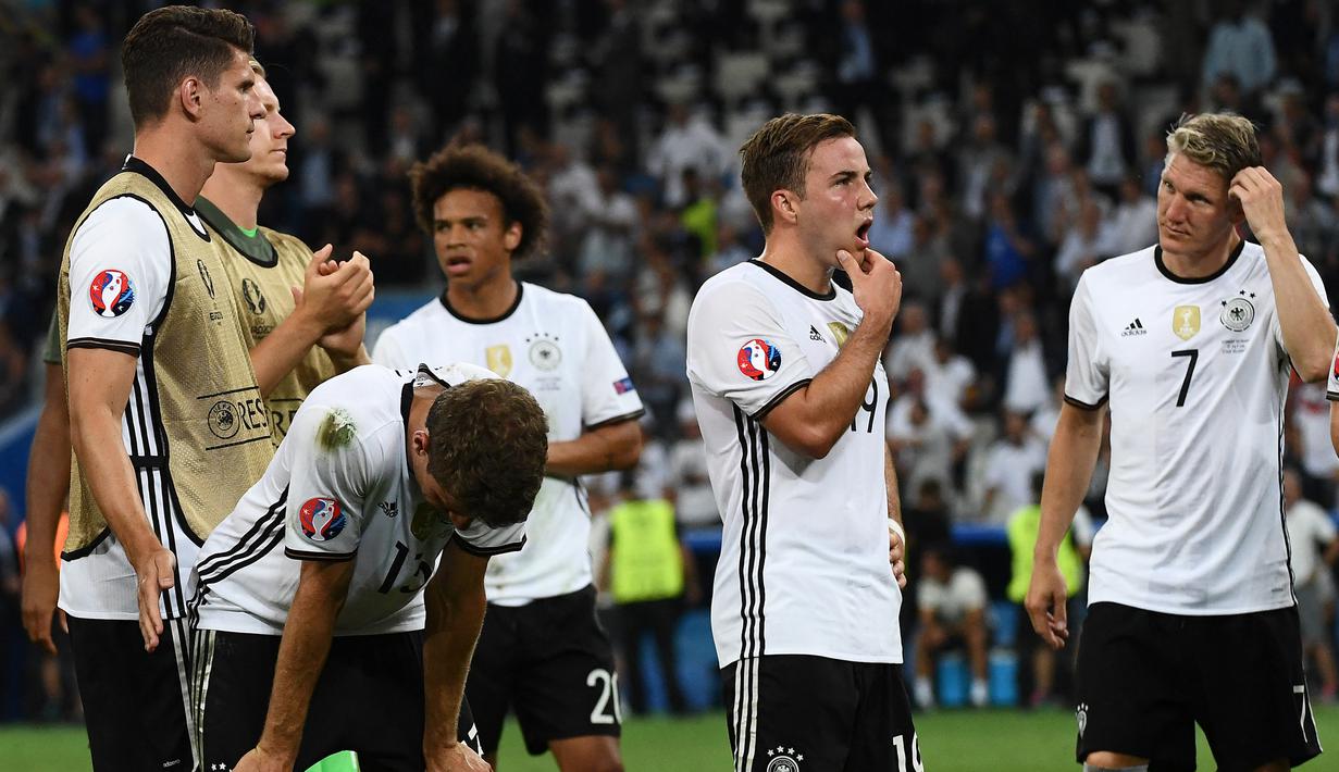 Dalam gelaran Piala Eropa 2016, Jerman berhasil lolos hingga babak semifinal. Jerman harus kalah 0-2 dari tuan rumah Prancis yang merupakan kekalahan pertama sejak tahun 1958 dalam sebuah turnamen besar. (AFP/Anne-Christine Poujoulat)