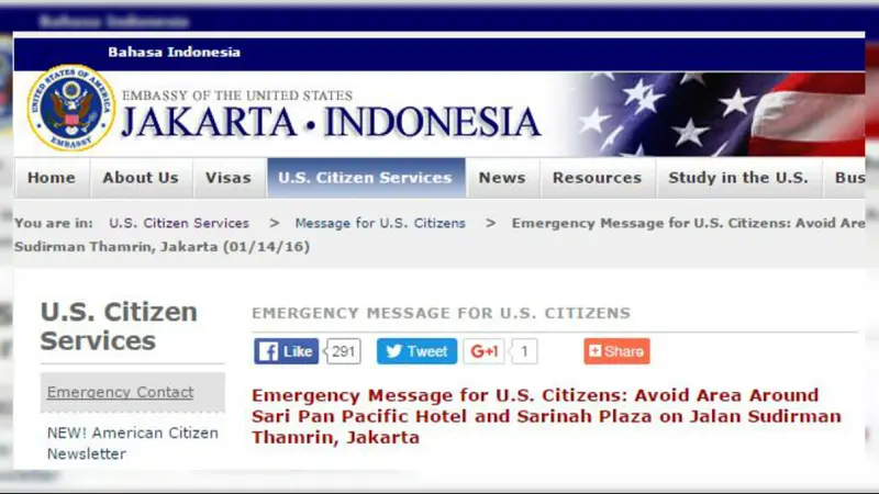 Kedutaan AS Keluarkan Peringatan Pascaledakan Bom Sarinah