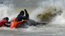 Tim penyelamat dan sukarelawan berupaya mengembalikan paus pembunuh ke laut setelah terdampar, di pantai Mar Chiquita, Argentina, Senin (16/9/2019). Sebanyak enam dari tujuh paus pembunuh yang ditemukan terdampar berhasil dikembalikan ke laut, tetapi satu di antara mereka mati. (AP/Marina Devo)