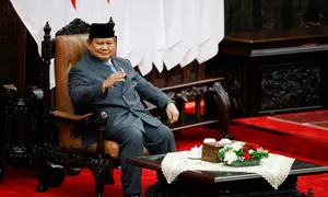 Presiden Republik Indonesia Prabowo Subianto juga dijadwalkan menghadiri serta mengikuti Rapat Paripurna Dewan Perwakilan Rakyat (DPR) Masa Persidangan I Tahun Sidang 2025-2026. (Ajeng Dinar Ulfiana/POOL/AFP)