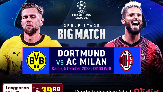 Link Live Streaming Liga Champions: Dortmund Vs AC Milan di Vidio, 5 Oktober 2023