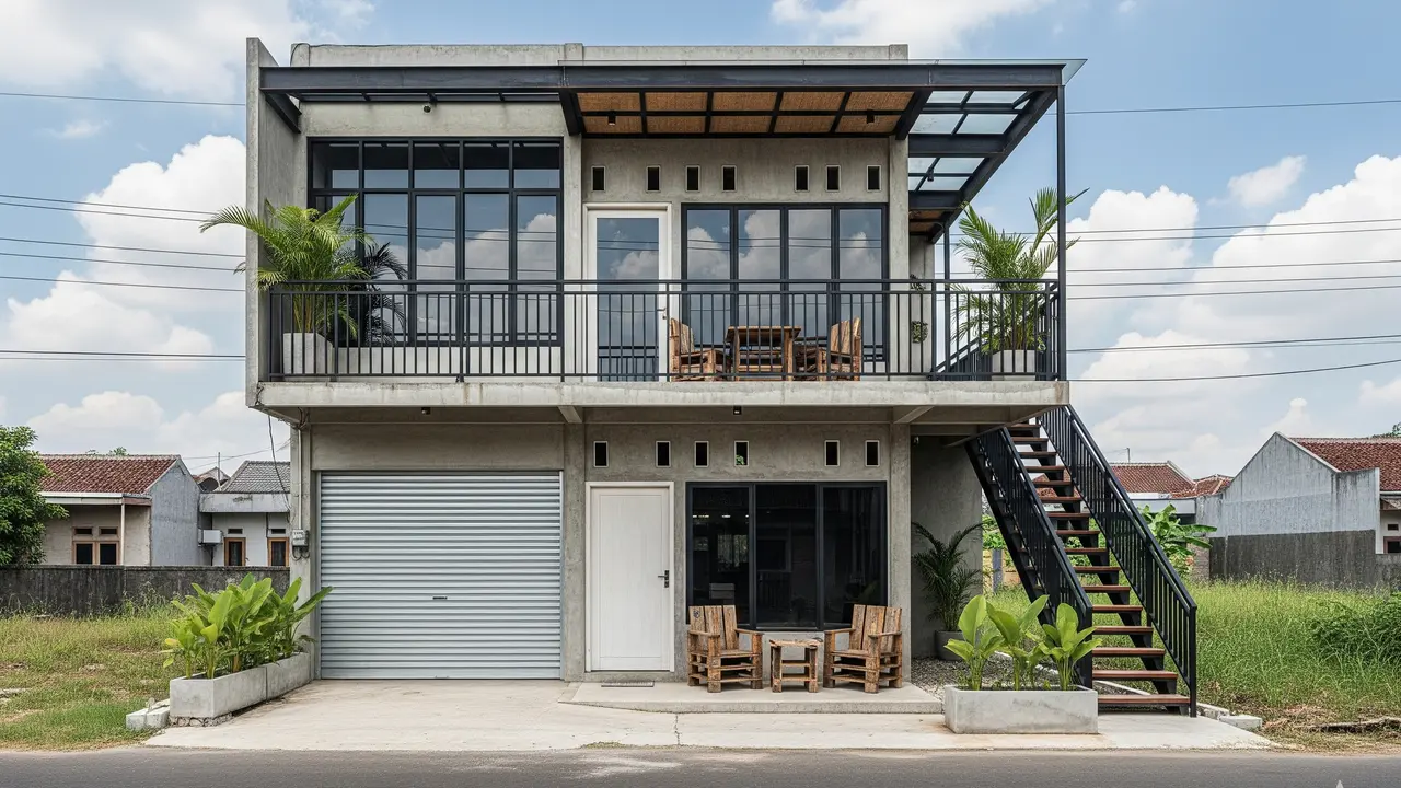Rumah Gaya Industrial 2 Lantai dengan Balkon