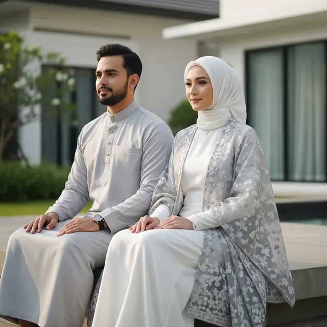 Pasangan pakai baju lebaran Gaya Semi-Formal dengan Rompi (Gemini AI)
