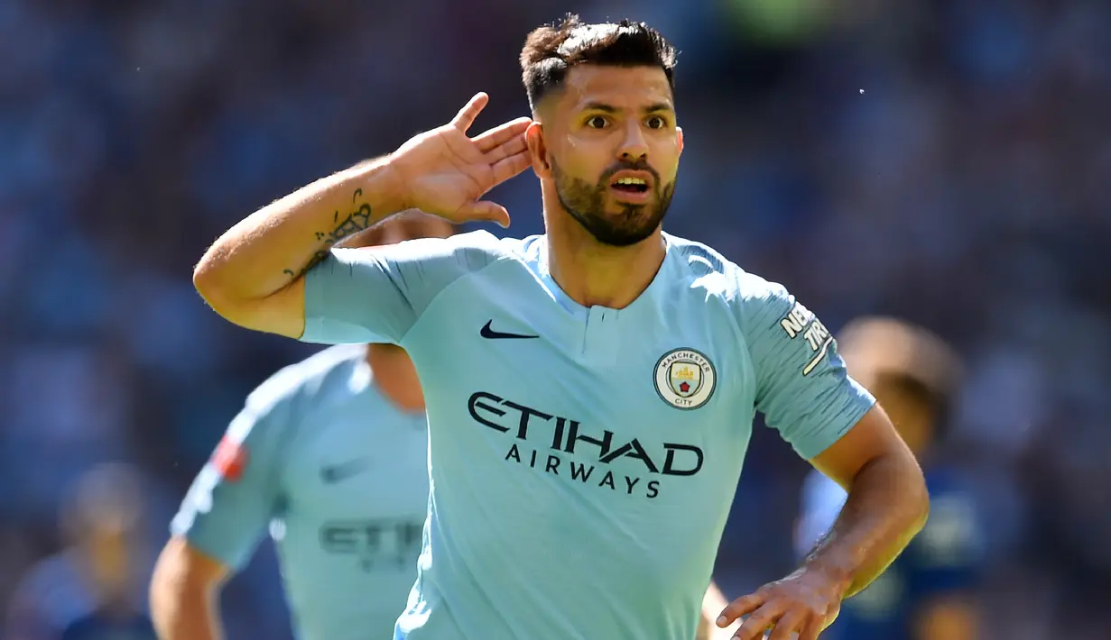 1. Sergio Aguero (Manchester City) - Striker Argentina ini memiliki Kecepatan 84, Dribel 88, Umpan 78, Tembakan 93, Fisik 74, Kemampuan Bertahan 50, OVR 91. (AFP/Glyn Kirk)