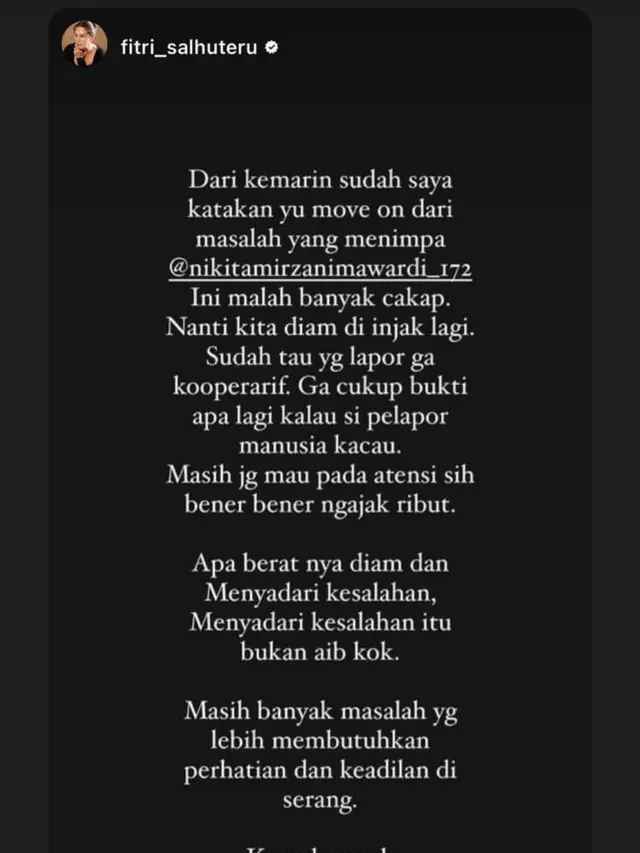 Unggahan Fitri Salhuteru soal kasus Nikita Mirzani versus Dito Mahendra. (Foto: Dok. Instagram @fitri_salhuteru)