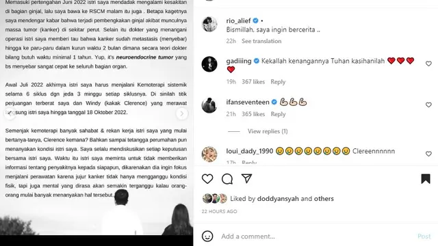 Rio Alief ceritakan perjuangan Clerence melawan kanker (Foto: Instagram rio_alief)