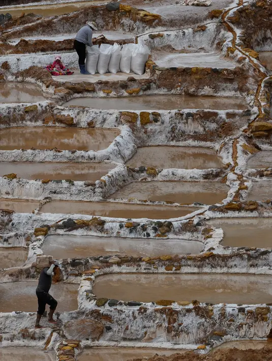 Pekerja beraktivitas di tambak garam Maras, Peru, 29 April 2019. Saat ini ladang garam di wilayah pegunungan tersebut dikelola masyarakat selama musim kemarau, Mei sampai November. (Pablo PORCIUNCULA BRUNE/AFP)