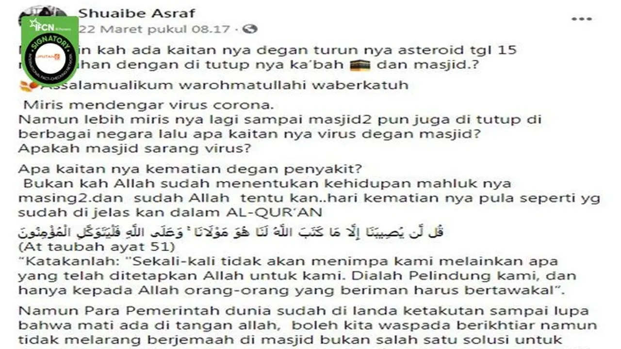 Gambar Tangkapan Layar Kabar Hoaks Tentang Virus Corona dan Asteroid