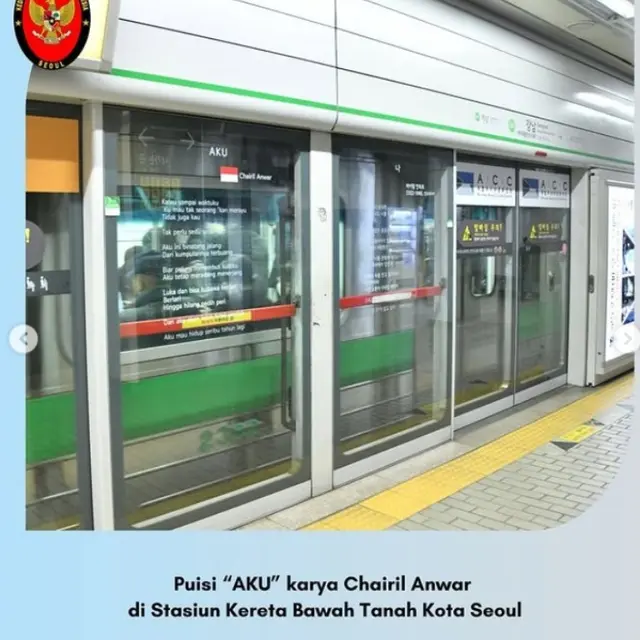 Puisi Penyair Legendaris Chairil Anwar Mejeng di 2 Stasiun Kereta Seoul, Korea Selatan.  foto; (dok.Instagram @indonesiainseoul/https://www.instagram.com/p/DF9ROcIyqMS/Henry)