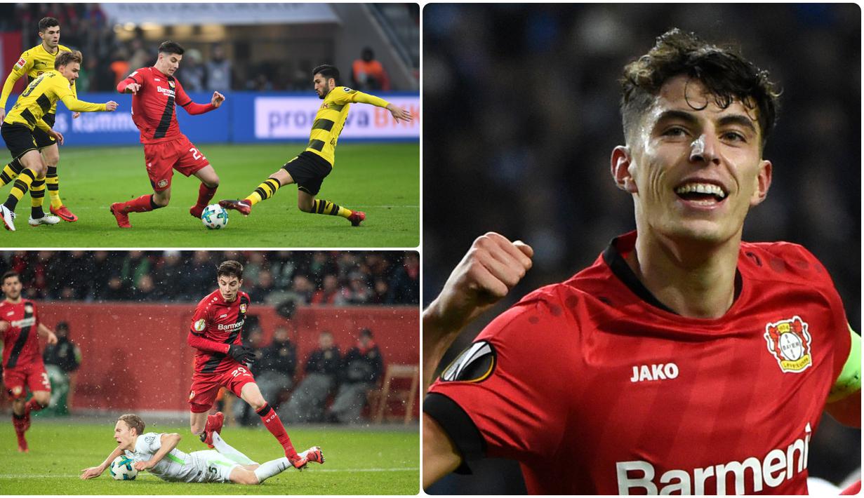 Gelandang serang Bayer Leverkusen, Kai Havertz, menjadi incaran beberapa klub besar Eropa berkat performa apiknya bersama skuat Die Werkself di kompetisi Bundesliga 2019-2020. Berikut pesona Kai Havertz saat berlaga untuk Leverkusen. (kolase foto AFP)