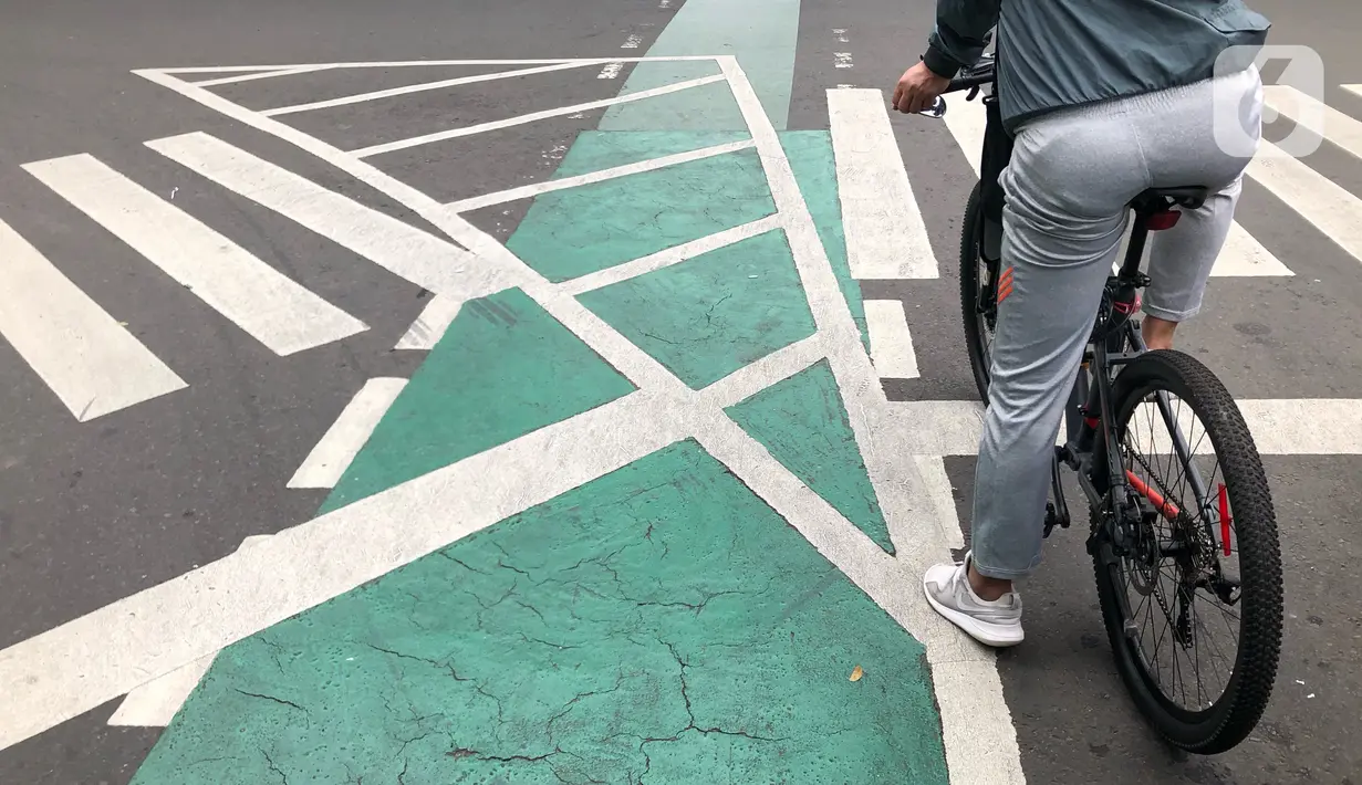 Pesepeda berhenti di dekat jalur khusus sepeda, Blok M, Jakarta, Selasa (24/11/2020). Gubernur Anies Baswedan memperkirakan pembangunan jalur sepeda sepanjang 500 km di Ibu Kota bakal tertunda karena anggaran masih difokuskan untuk penanggulangan Covid-19 dan banjir. (Liputan6.com/Immanuel Antonius)