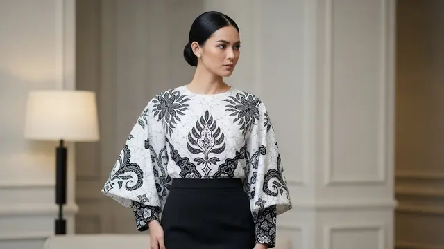 Batik Batwing Lengan Panjang dengan Hitam Putih