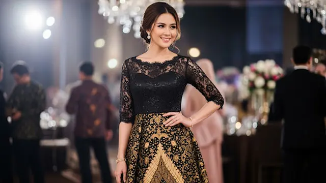 Dress Batik Brokat Hitam Emas A-Line