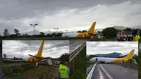 Momen Dramatis Pesawat Tergelincir Lalu Berhenti di Depan Mobil