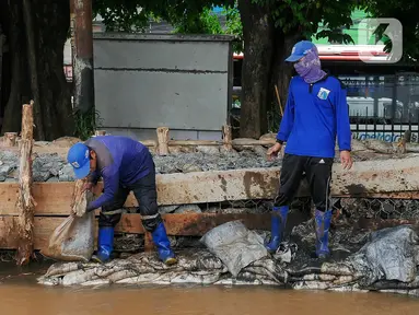 Petugas Dinas Sumber Daya Air melakukan perbaikan turap Kali Baru, Jakarta, Selasa (16/11/2021). Perbaikan turap sebagai antisipasi meluapnya aliran air yang menyebabkan banjir di kawasan tersebut. (Liputan6.com/Johan Tallo)