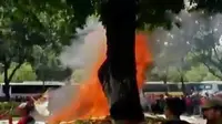 Para Buruh membakar karangan bunga di tengah Jalan Merdeka Selatan karena sudah menjadi sampah (Liputan 6 SCTV)