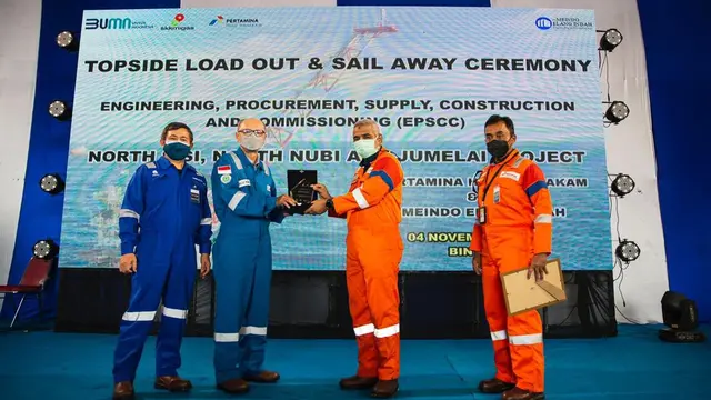 PT Pertamina Hulu Mahakam melayarkan bagian dek (Sail Away Topside) WPN4 dan WPS3 Proyek JSN (Jumelai, North Sisi, North Nubi) pada 4 November 2021 di Kabupaten Bintan.