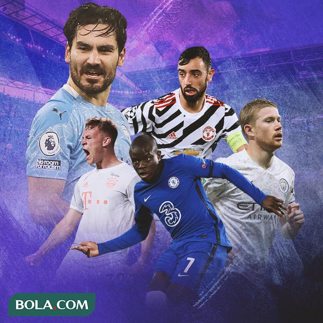 Ilustrasi - Ilkay Gundogan, Kevin De Bruyne, Joshua Kimmich, Bruno Fernandes, N'Golo Kante