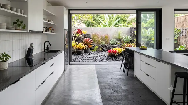 Desain Dapur Terbuka dengan Taman Kering Anti Ribet