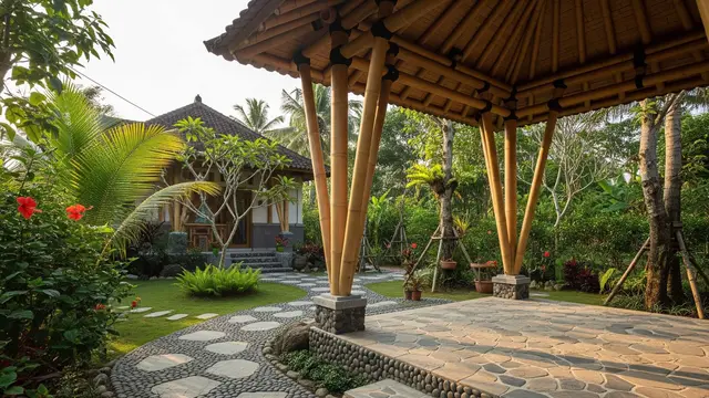 Inspirasi Gazebo Bambu Modern di Halaman Rumah Kampung