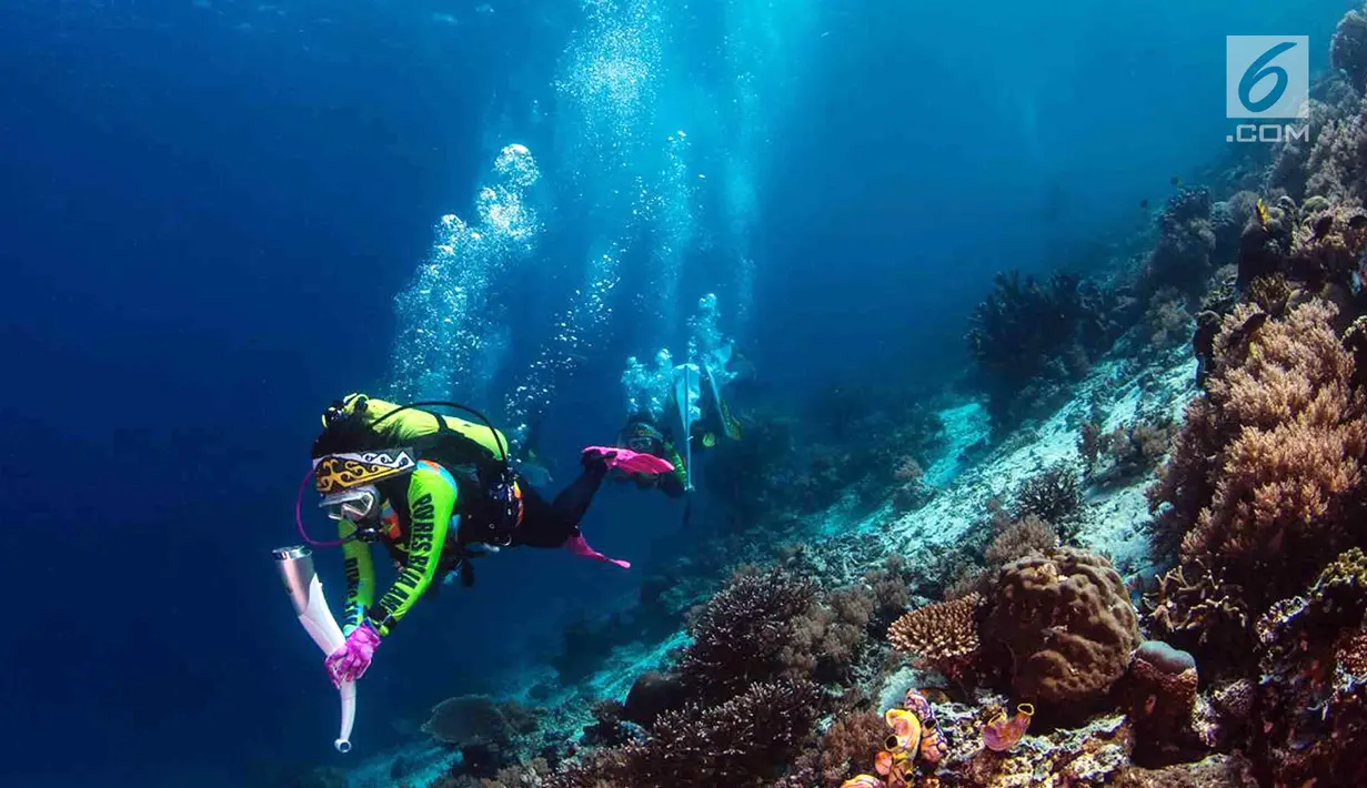 Ketua Umum WASI, Tri Suswati Karnavian membawa api obor Asian Games 2018 di perairan Pulau Piaynemo, Raja Ampat, Papua Barat, Kamis (26/7). Kegiatan ini sebagai bentuk dukungan perempuan terhadap kesuksesan Asian Games 2018. (Liputan6.com/HO/Mabes Polri)