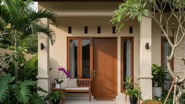Pintu Cokelat Kayu dan Pilar Krem