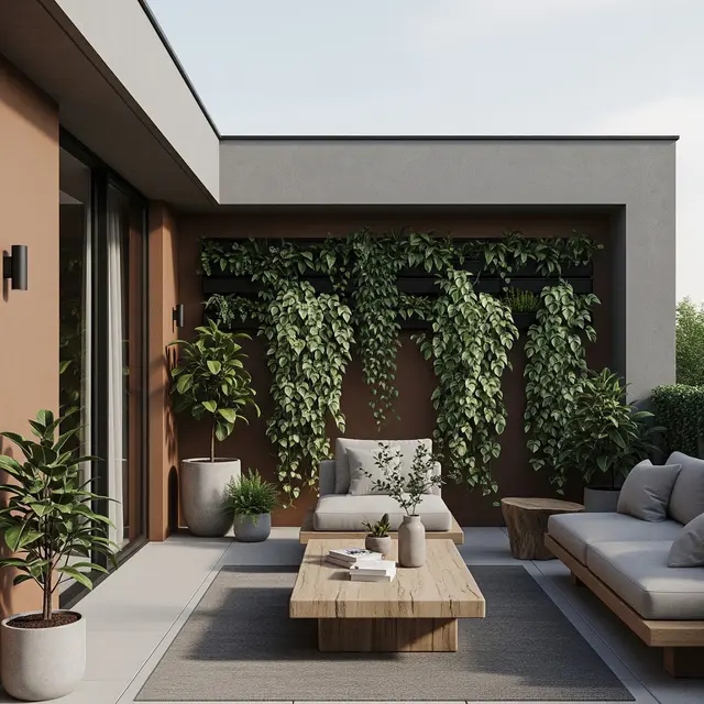 Teras Earth Tone dengan Kombinasi Tanaman Rambat (AI Generated)