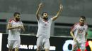 Gelandang Suriah U-23, Mouhamad Anes, melakukan selebrasi usai mencetak gol ke gawang Indonesia pada laga persahabatan di Stadion Wibawa Mukti, Cikarang, Sabtu (18/11/2017). Indonesia kalah 0-1 dari Suriah U-23. (Bola.com/ M Iqbal Ichsan)