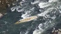 Foto yang diambil dari helikopter Kyodo News memperlihatkan perahu wisata kayu tradisional yang terbalik di Sungai Hozu di Kameoka, Prefektur Kyoto, pada 28 Maret 2023. (Sumber: Kyodo News)