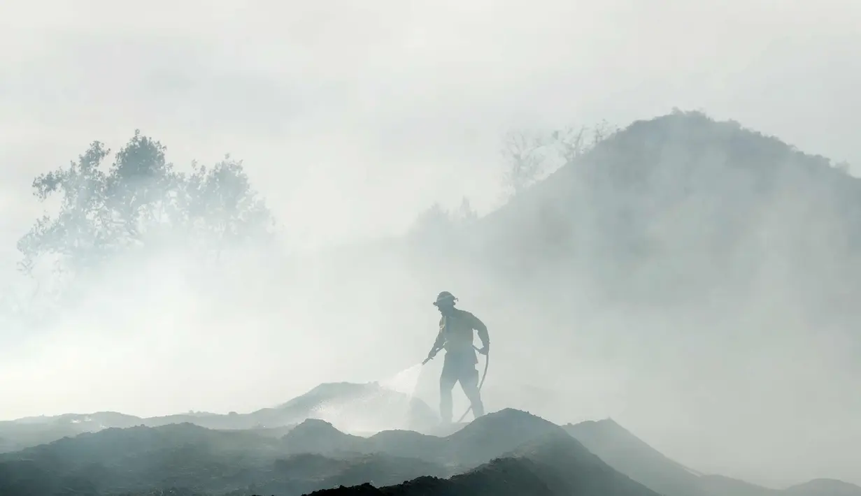Seorang petugas pemadam kebakaran menyemprotkan air untuk mematikan api di Fallbrook, California (8/12). Dipicu oleh angin kencang Santa Ana, api merambat dengan cepat dan merusak puluhan rumah di Southern California. (AP Photo / Gregory Bull)