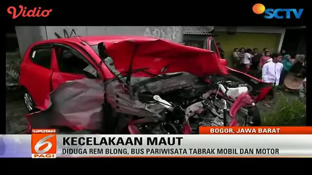 Diduga mengalami rem blong, bus pariwisata menabrak sejumlah kendaraan dan menewaskan 3 orang, di Puncak, Bogor.