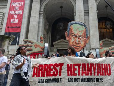 Protes ini bertepatan dengan Sidang Umum PBB yang berlangsung di kota tersebut dan dihadiri oleh Perdana Menteri Israel Netanyahu. (Alex Kent/Getty Images North America/Getty Images via AFP)