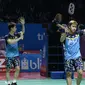 Pebulu tangkis ganda putra Indonesia, Marcus Fernaldi Gideon/Kevin Sanjaya Sukamuljo saat melawan Ou Xuan Yi/Zhang Nan (China) di perempat final Indonesia Open 2019 di Istora Senayan, Jakarta, Jumat (19/7/2019). Marcus/Kevin unggul 21-12, 21-16. (Liputan6.com/Helmi Fithriansyah)