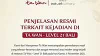 Kasus Larutan Pembersih Tersaji di Botol Air Mineral, Ta Wan Bali Minta Maaf